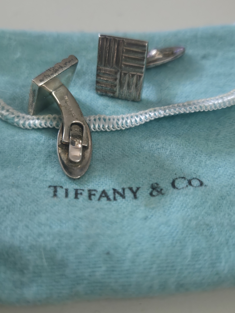 Tiffany & Co. Sterling Silver Textured Square Cufflinks with Blue Pouch